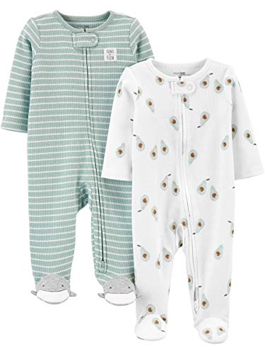 Simple Joys by Carter's Baby 2-Way Zip Thermal Footed Sleep and Play, Pack of 2, Mint Green Stripe/White Avocados, 3-6 Months