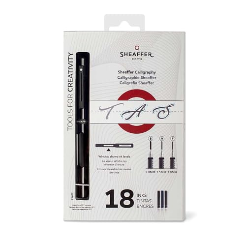 Sheaffer Calligraphy Matte Black Fountain pen Minikit with Black cap and Matte Black Trim - Fine, Medium, Broad nibs & 18 Cartridges are included.