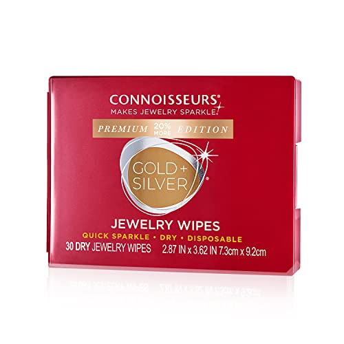 CONNOISSEURS Premium Edition Compact Jewelry Wipes -20% More, No Rinse Gold and Silver Jewelry Cleaner, Polish and Remove Tarnish to Restore Brilliance, Dry Disposable Wipes, 30 Count