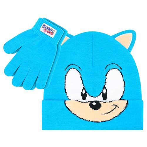 Sonic The Hedgehog Winter Hat and Gloves Set – Blue Sonic Hat for Boys Ages 5-13 – Winter Hat with Scarf and Glove Set