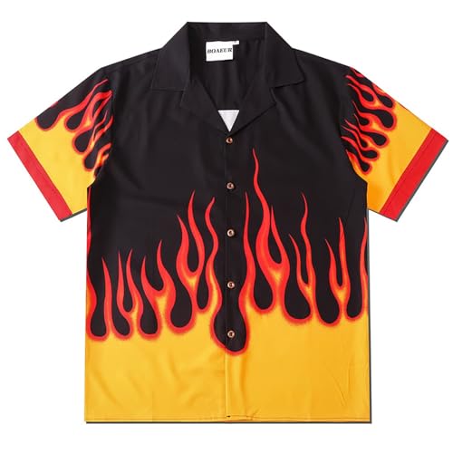Oversized Shirts Teens Hawaiian Flame Print Tees Teenagers Short Sleeve Button Down