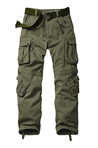 AKARMY Men's Fleece Lined Hiking Pants Outdoor Cargo Pants Casual Work Ski Pants with 8 Pockets ArmyGreen 34