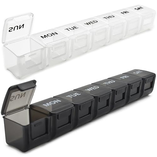 2 Pack Weekly Pill Organizer, Large 7 Day Pill Case, Daily Vitamin Case Medicine Box, AM/PM Pill Containers for Medicine Supplements Fish Oil（White & Black）