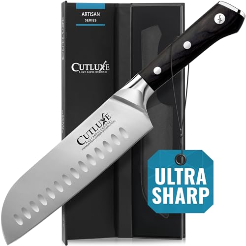 Cutluxe Santoku Knife – 7' Chopping Knife, Vegetable Knife – Forged High Carbon German Steel – Full Tang & Razor Sharp – Ergonomic Handle Design – Artisan Series