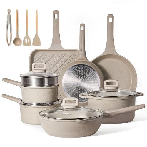 CAROTE Pots and Pans Set Non Stick, 16Pcs Kitchen Cookware Set, Stackable Induction Cookware, Pot and Pan set, Pans for Cooking, Taupe Granite