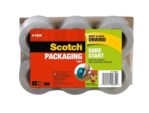 Scotch Sure Start Shipping Packaging Tape, 1.88' x 25 yd, Designed for Packing, Shipping and Mailing, No Splitting or Tearing, 1.5' Core, Clear, 6 Rolls (DP-1000RF6)