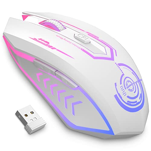 UHURU Gaming Mouse, Wireless Gaming Mouse with 6 Buttons 7 Changeable LED Color up to 10000 DPI, Rechargeable USB Gamer Mouse for PC Laptop (White)