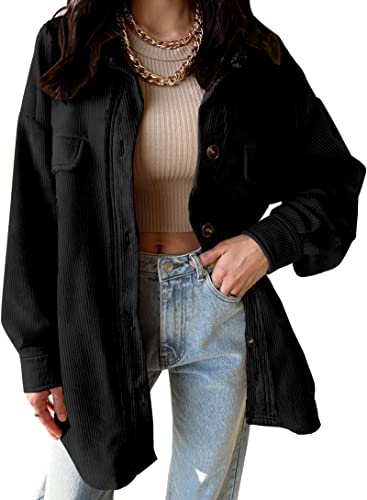 VICHYIE Womens Shacket Shirts Casual Long Sleeve Corduroy Oversized Button Down Blouses Tops Fall Jacket Coat Black L
