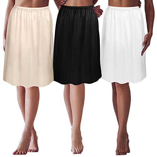 Zhanmai 3 Pieces Half Slips for Under Dresses Skirt Extenders Skirt Womens Half Slip Satin Anti Static Lace Long Underskirt (Black, White, Beige, M Size)