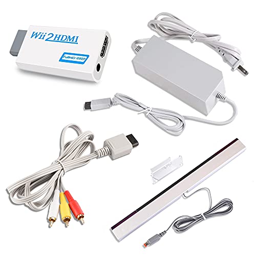Xahpower 4 in 1 Accessories Bundle Kits for Wii, AC Power Supply Adapter + Composite Audio Video Cable + Wii to hdmi Converter and Wired Infrared Ray Sensor Bar Compatible with Nintendo Wii