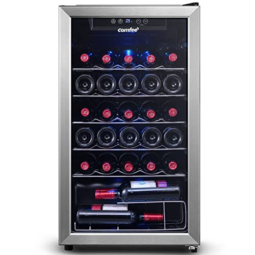 COMFEE' CRW29S3AST Freestanding Wine Cellar, 29 Bottle Wine Cooler Refrigerators, Quiet Operation Compressor, Glass Door Stainless Steel Frame For Red&White Wine&Beer,Black