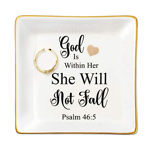 JoycuFF Religious Gifts for Women Inspirational Christian Jewelry Trinket Dish Birthday Gifts for Sister Daughter Mother Aunt Christians God Is Within Her She Will Not Fall