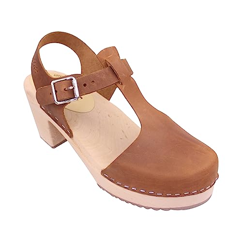 Lotta From Stockholm Swedish Classic Clogs - Highwood T-Bar Brown Oiled Nubuck Leather Clogs for Women | Supportive & Comfy Shoes with Wooden Sole| Handcrafted in Sweden -40