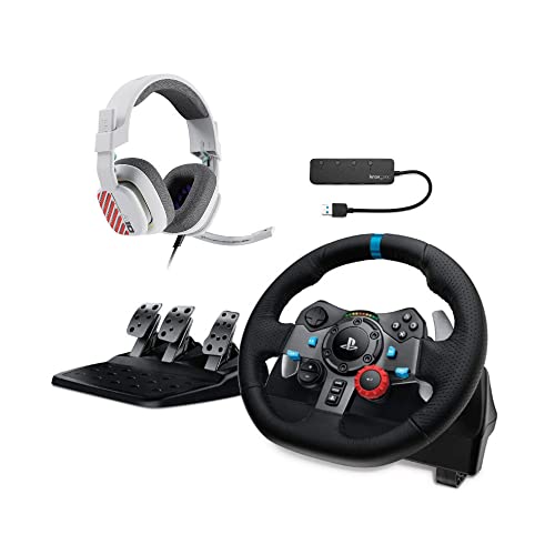 Logitech G Dual-Motor Feedback Driving Force G29 Gaming Racing Wheel with Responsive Pedals for PS5, PS4, PC, and Mac Bundle with Gaming Headset (White), and 4-Port USB 3.0 Hub (3 Items)