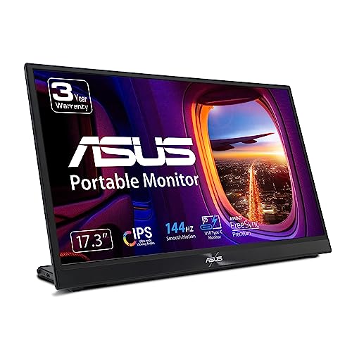 ASUS ZenScreen 17” 1080P Portable USB Monitor (MB17AHG) - Full HD, IPS, 144Hz, USB Type-C, FreeSync Premium, Eye Care, L-shaped kickstand, Tripod Mountable, HDMI, FSC Certified, 3-Year Warranty,BLACK