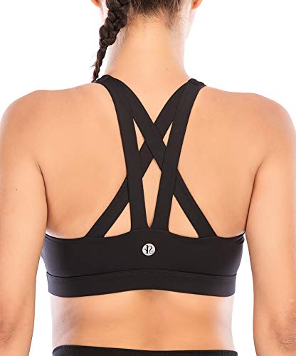 RUNNING GIRL Sports Bra for Women, Criss-Cross Back Padded Strappy Sports Bras Medium Support Yoga Bra with Removable Cups (WX2575.Black-1, L)
