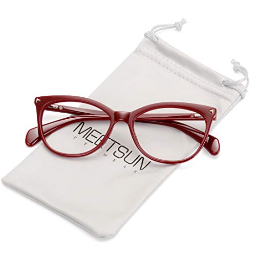 MEETSUN Non Prescription Glasses Frames For Women，Retro Cateye Fake Eyeglasses HD Clear Lens (Dark Red Frame Clear Lens)