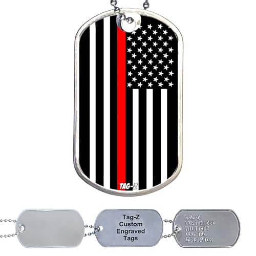 Thin Red Line First Responder American Flag Military Dog Tag Necklace - Firefighters - Customized Jewelry with Stainless Steel Ball Chain