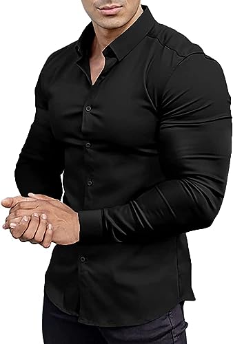 EOUOSS Men’s Muscle Fit Dress Shirts Athletic Slim Fit Long Sleeve Stretch Wrinkle-Free Casual Button Down Shirt Black Medium