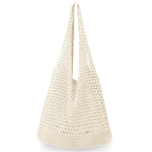 hatisan Crochet Bags for Women Summer Beach Tote Bag Aesthetic Tote Bag Hippie Bag Knit Bag (Beige)