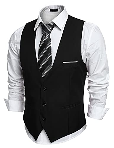 COOFANDY Men's V-Neck Sleeveless Slim Fit Jacket Casual Suit Vests,Black-02,Large