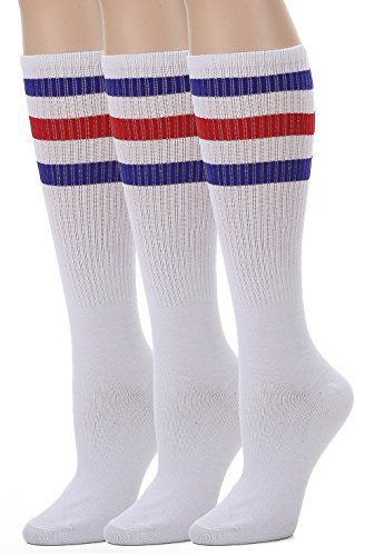 Leotruny 3 Pairs Over the Calf Tube Socks (C03-3pairs White/Blue/Red)