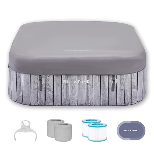 RELXTIME Portable Hottub 4-6 Person, Inflatable Blow Up Hot Tub Spa Square, 130 Bubble Air Jets, Cover, 2 Filter Cartridges