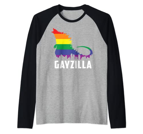 LGBTQ Rainbow Gayzilla Funny LGBT Pride Colors Graphic Cute Raglan Baseball Tee