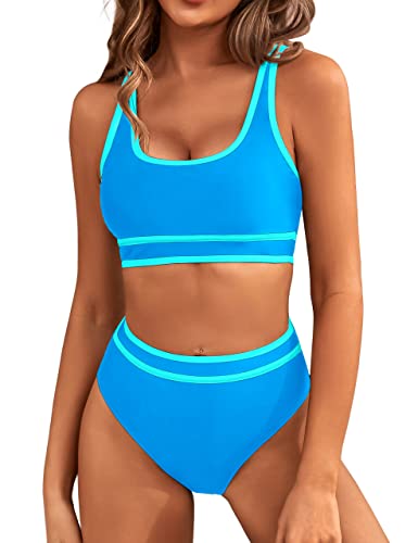BMJL Women's High Waisted Bikini Sets Sporty Two Piece Swimsuits Color Block Cheeky High Cut Bathing Suits(M,Blue)