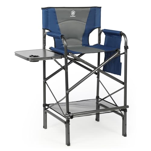 EVER ADVANCED Tall Folding Chair 30.7' Seat Height Directors Chair High Foldable Bar Stool for Makeup Artist Face Painting with Side Table Cup Holder and Storage Pocket Supports 350LBS (Blue/Grey)