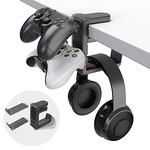 3-in-1 PC Gaming Headphone & Controller Holder - EURPMASK Headphones Hanger w/Adjustable & Rotating Arm Clamp,Headphone Stand Under Desk, Universal Headset Controllers Hook with Cable Organizer-Black