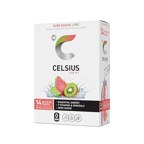 CELSIUS On-the-Go Powder Sticks Kiwi Guava Lime, Essential Energy 2.6 Oz (14 Sticks per Pack)