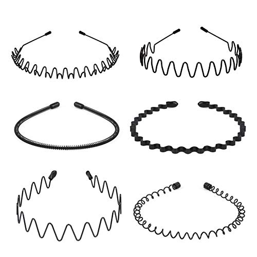 fenshine 6PCS Metal Hair Bands, Spring Wavy Hoop Unisex Black Headband Slicked Back Non Slip Sports Hairband for Women Men…