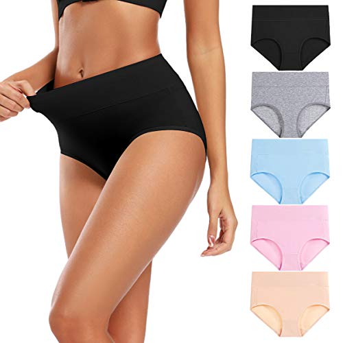 Molasus Women's Soft Cotton Underwear Briefs High Waisted Postpartum Panties Ladies Full Coverage Plus Size Underpants Pack of 5,Size 8