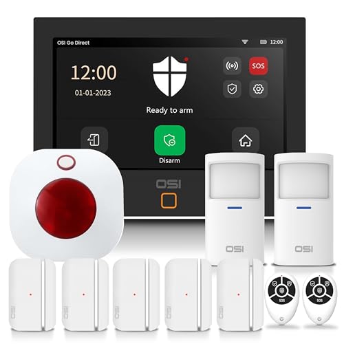 OSI Alarm System for Home Security (Gen 2)11 piece. DIY, Touch Screen, Motion Detection, Contact sensors, Wireless Siren, Remotes, Phone App, Compatible with Alexa, Continuous Updates,NO Monthly Fees