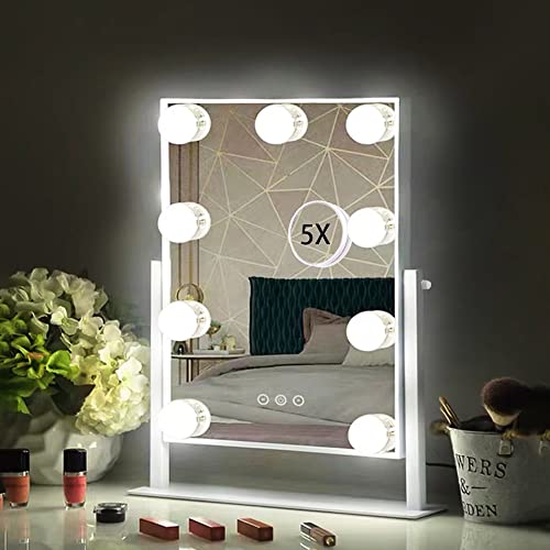 HIEEY Hollywood Vanity Mirror with 9 Dimmable Bulbs Lights, Three Color Lighting Modes, and 5X Magnification, Smart Touch Control, 360°Rotation (White,Gift Box)