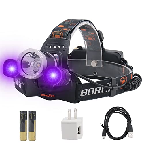 BORUIT RJ-3000 LED Black Light Headlamp,3 Modes White and UV Light Headlamp,5000 Lumens Rechargeable Blacklight Headlight Head Lamp for Hunting Camping Hiking Fishing Working