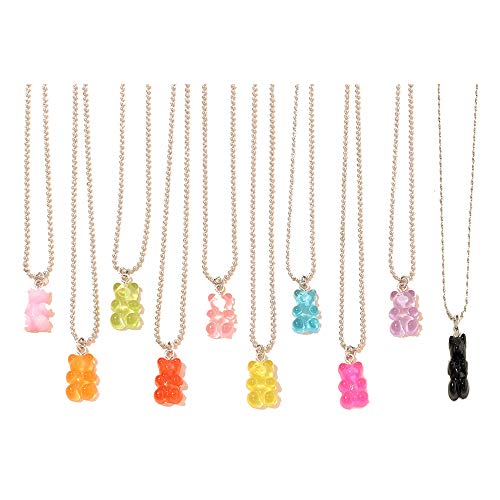 10 Pcs Colorful Resin Gummy Bear Pendant Necklace Cute Transparent Rainbow Candy Color Bear Chain Necklaces Accessories Lovely Twinkling Animal Punk Party Jewelry for Women Girls Gifts