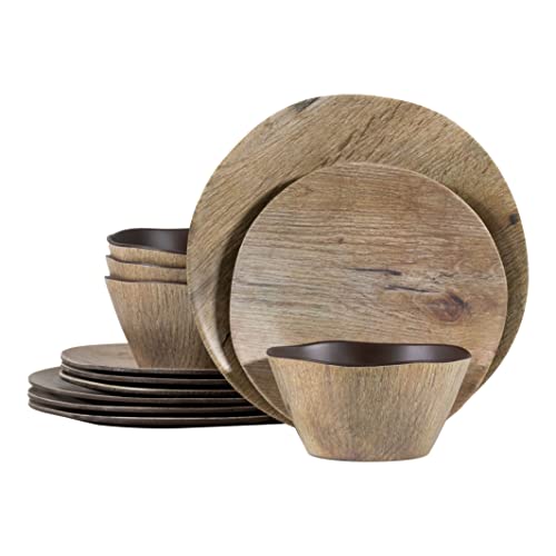 Craft & Kin Melamine Dinnerware Sets - 12 pcs Melamine Plates Outdoor Plates Summer Plates and Bowls Sets Melamine Plates Ideal Camping Dish Set Dinnerware Set for 4 Dishwasher Safe (Wood Grain)