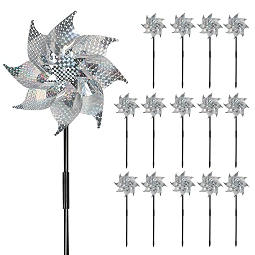 MorTime 15 Pack Reflective Pinwheels with Stakes, 18.5' Plastic Bird Blinder Sparkly Pin Wheel Scare Birds and Animals Away Spinner Pinwheels for Lawn Yard Farm Garden