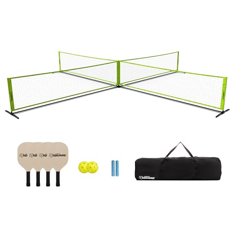 Triumph Sports 4 Square Pickleball Game Set Transforms to Regulation Pickleball Net, Includes 4 Square net, Wood Racket Paddles, Pickleballs, Boundary Markers, Metal Frame, Carry Bag