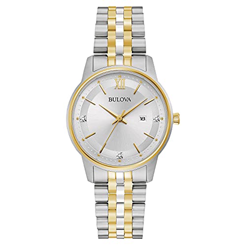 Bulova Ladies' Classic Diamond Two-Tone Gold Stainless Steel 3-Hand Calendar Date Quartz Watch, Silver Dial Style: 98P197