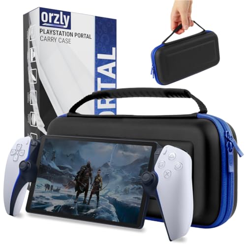 Orzly Carry Case Designed for Playstation Portal Remote Player for PS5 Console Holds Accessories, Travel and Storage Protection for Headset Charger and More Black/Blue - Gift Box Edition