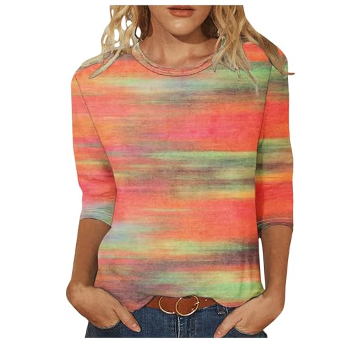Ombre Tie Dye Shirts for Women Geometric Color Block 3/4 Sleeve Tops Dressy Casual Crewneck Tunic Blouse Plus Size Tees