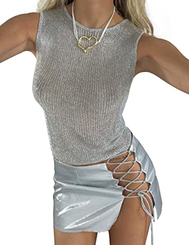 Meladyan Women's Sexy Fishnet Knit Glittering Crop Tank Going Out Top Sheer Mesh Sleeveless Crewneck Solid Slim Cropped, Silver, Small
