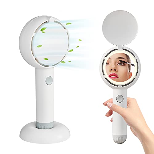 Star Compass Mini Handheld Fan, Battery Operated Rechargeable Portable Fan with LED Light Makeup Mirror, Bladeless Small Personal Fan 3 Speeds Eyelash Fan for Women Girls Outdoor Travel (White)