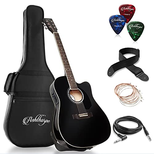 Ashthorpe Full-Size Cutaway Thinline Acoustic-Electric Guitar Package - Premium Tonewoods - Black