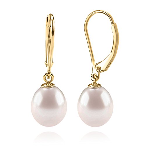 PAVOI 14K Yellow Gold Plated Freshwater Cultured Pearl Earrings Leverback Dangle Studs - Handpicked AAA Quality 6mm