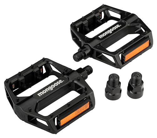 Mongoose Adult Mountain Bike Pedals, 1/2' and 9/16' Adapters, Durable Alloy Bicycle Platform Pedal, Refective Strips, MTB Bike Accessories, Black