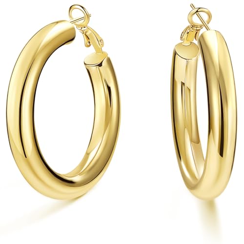SHOWNII Chunky Gold Hoop Earrings, 14K Gold Plated Large Chunky Tube Hoop Earrings for Women Lightweight Thick Hoops